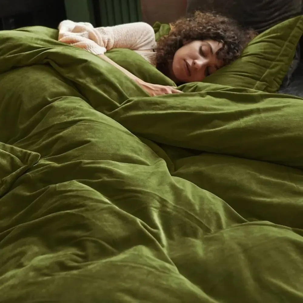 🆕 Olive Green Velvet Luxury Duvet Set Bedding High End Hotel Vibes QUEEN SET